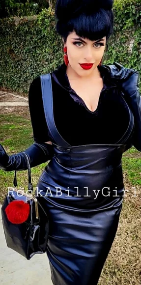 Tatyana Vintage 1950’s Black Gothic Vegan Leather Jumper Pencil Skirt Suspenders - Picture 13 of 16